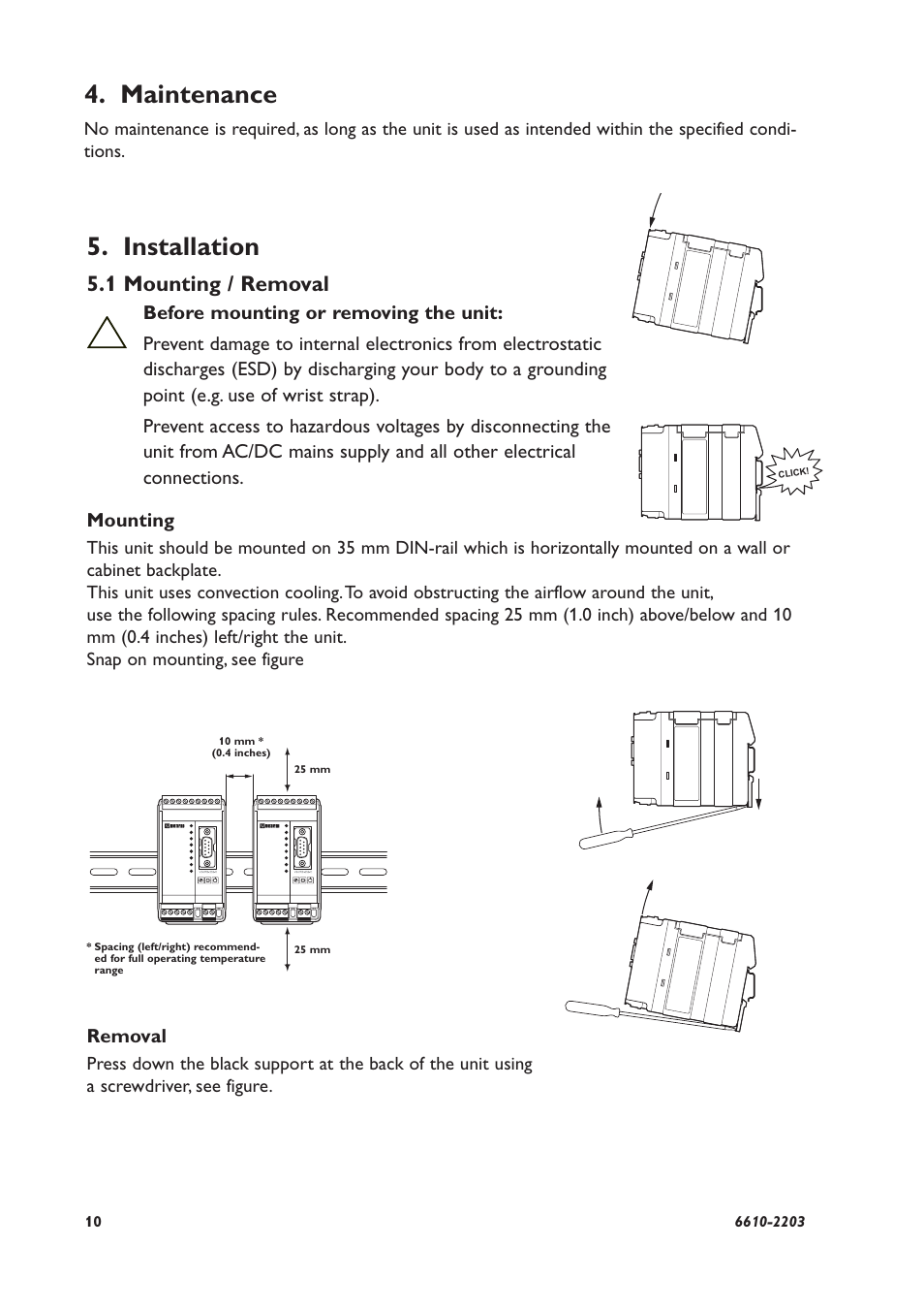 Maintenance, Installation, 1 mounting / removal | Westermo TD-34 User Manual | Page 10 / 64