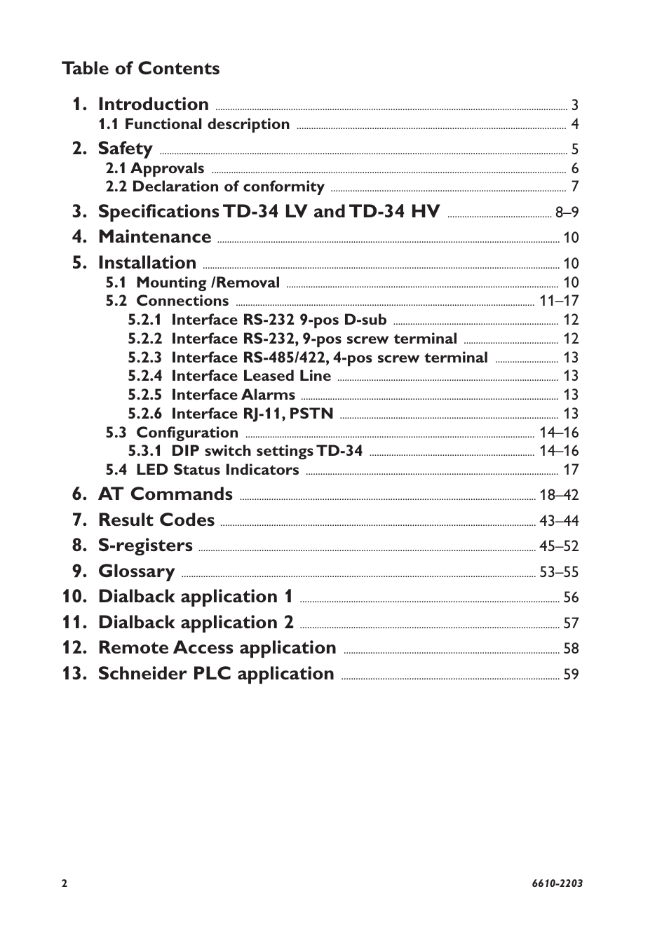 Table of contents 1. introduction, Safety, Specifications td-34 lv and td-34 hv | Maintenance, Installation, At commands, Result codes, S-registers, Glossary, Dialback application 1 | Westermo TD-34 User Manual | Page 2 / 64