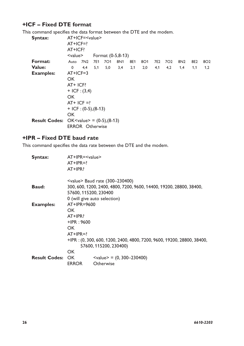 Icf – fixed dte format, Ipr – fixed dte baud rate | Westermo TD-34 User Manual | Page 26 / 64