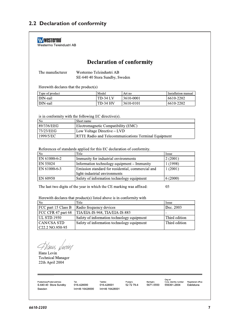 2 declaration of conformity | Westermo TD-34 User Manual | Page 7 / 64