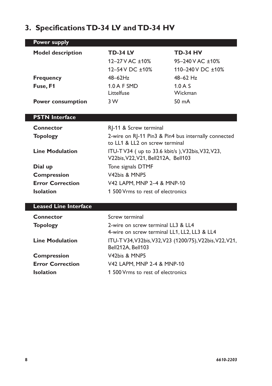 Specifications td-34 lv and td-34 hv | Westermo TD-34 User Manual | Page 8 / 64