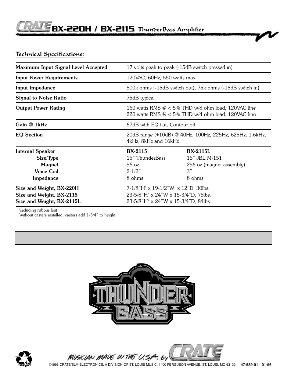 Technical specifications, Thunderbass amplifier | Crate Amplifiers BX-2115 User Manual | Page 8 / 8