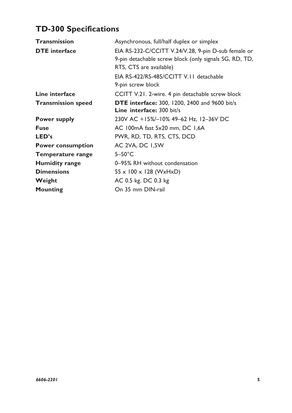 Td-300 specifications | Westermo TF-300 User Manual | Page 5 / 20