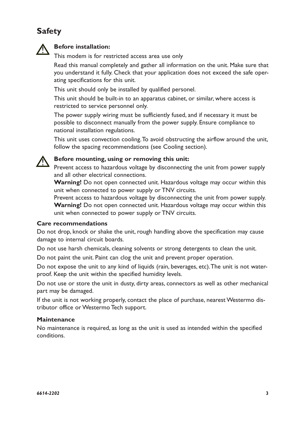 Safety | Westermo TR-36 User Manual | Page 3 / 36