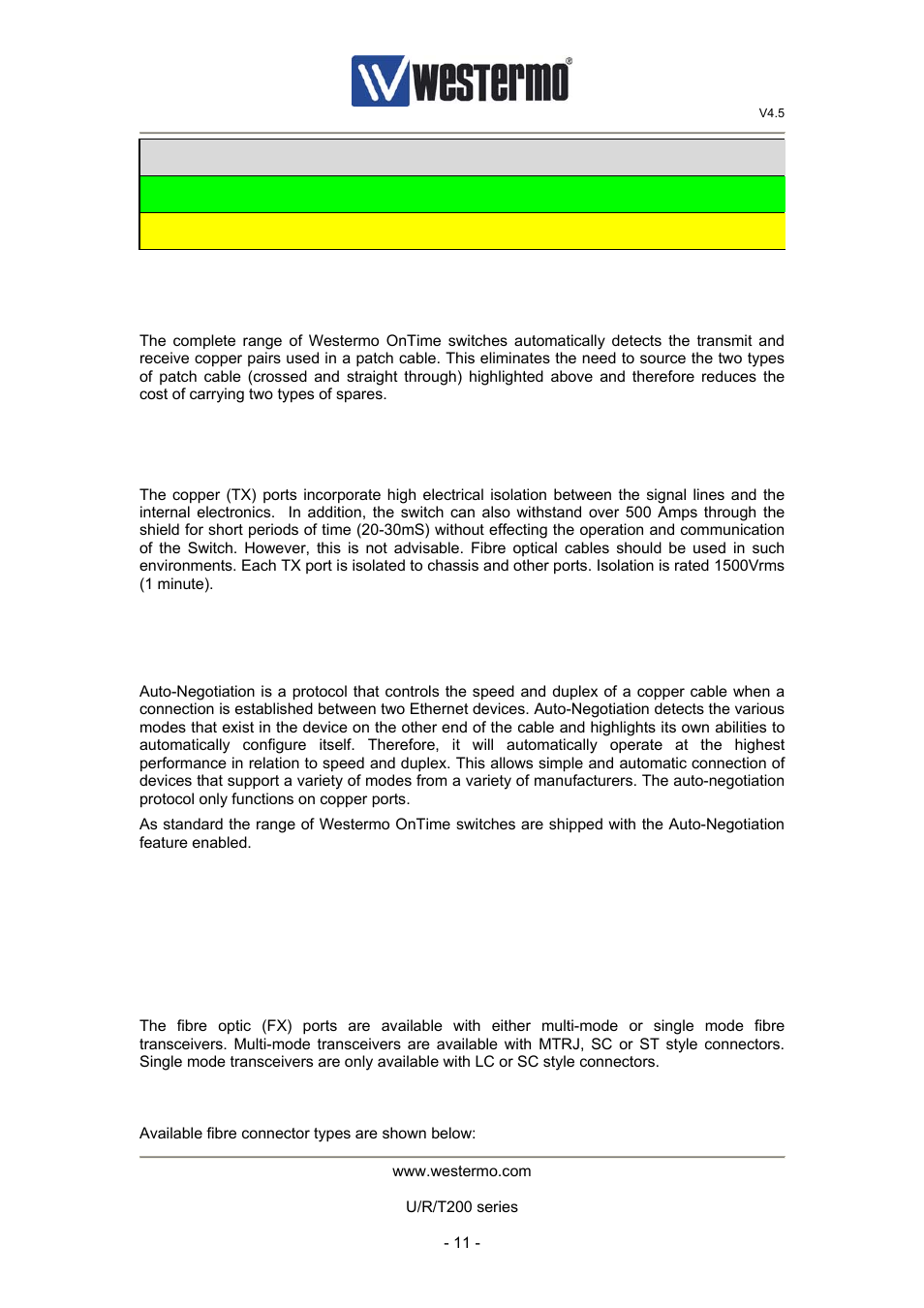 7 fibre optic port specification, 5 auto mdi/mdi-x, 6 electrical isolation | 7 auto-negotiation, 1 fibre optic communications | Westermo U200 Operator manal User Manual | Page 11 / 48