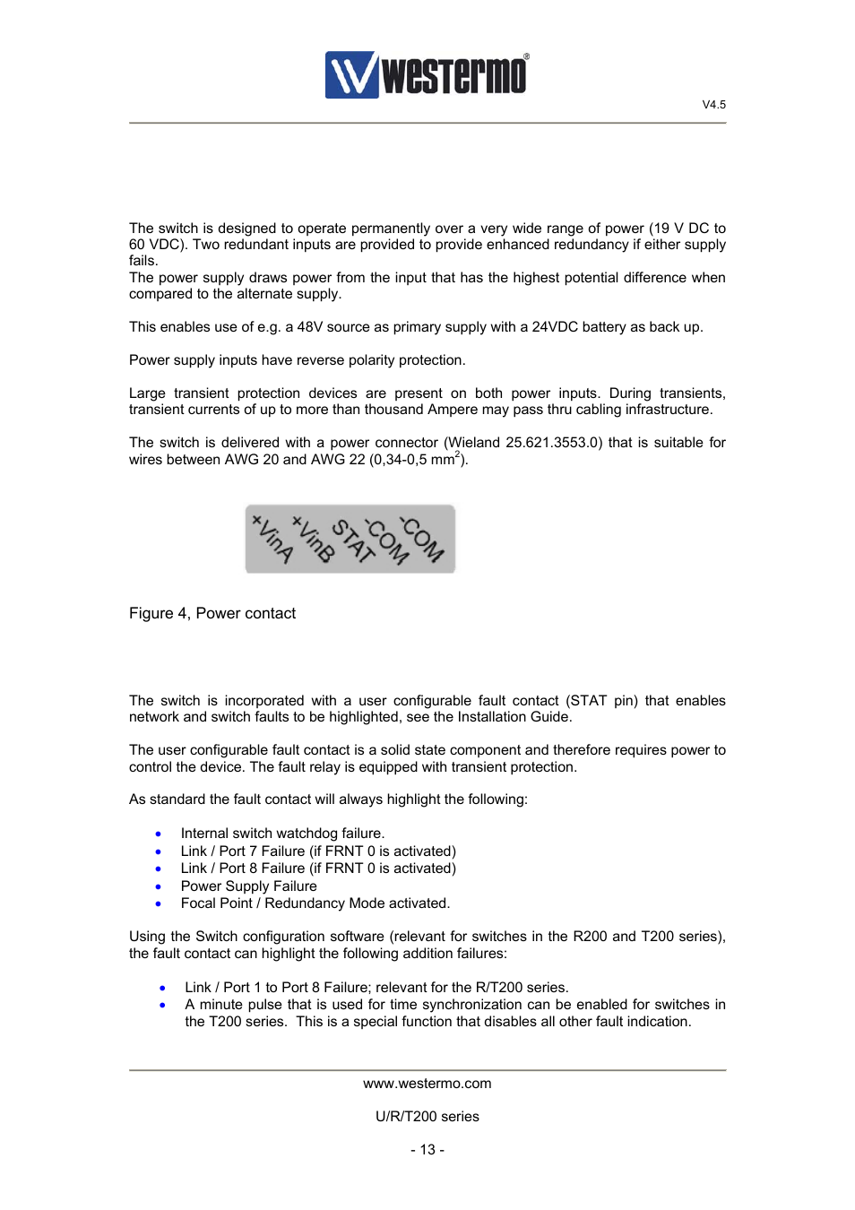 5 power supply connector, 1 redundant power inputs, 2 fault contact | Westermo U200 Operator manal User Manual | Page 13 / 48