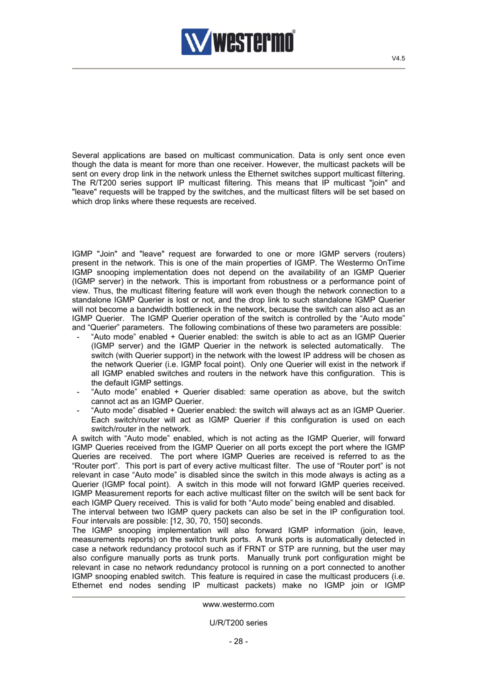 10 igmp snooping, 1 ip multicast filtering, 2 routerless operation | Westermo U200 Operator manal User Manual | Page 28 / 48