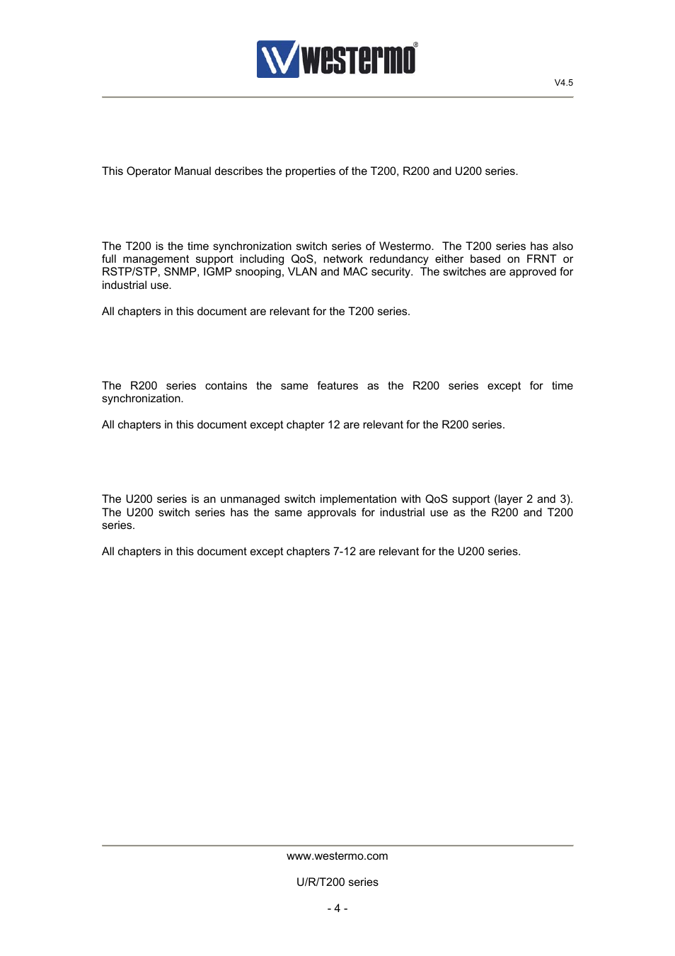 1 introduction, 1 t200, 2 r200 | 3 u200 | Westermo U200 Operator manal User Manual | Page 4 / 48