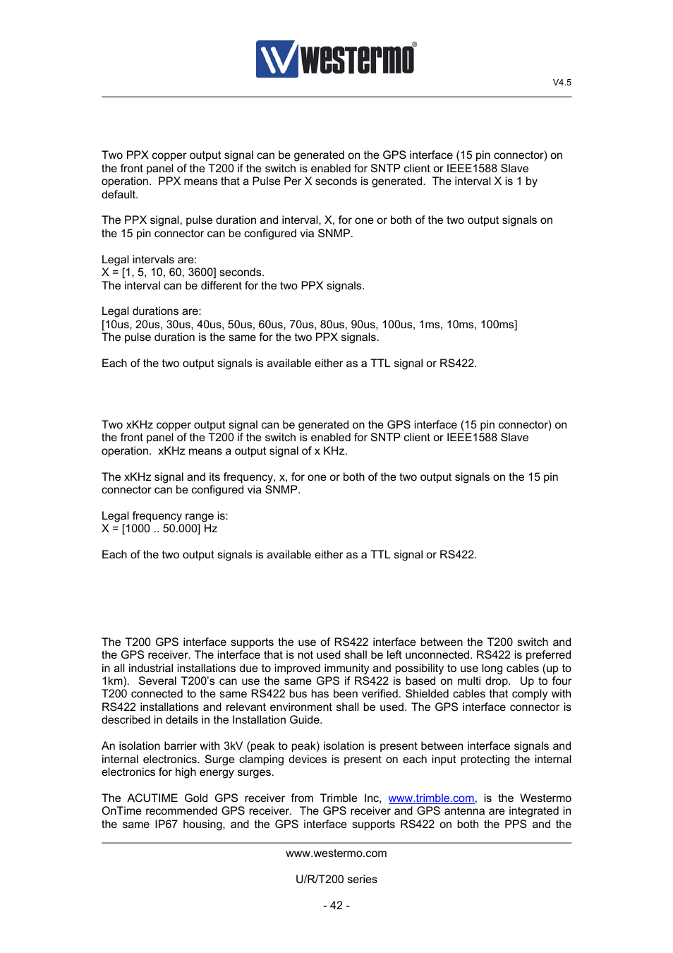 7 pulse per x seconds on gps interface, 8 x khz output signal on gps interface, 9 external gps | Westermo U200 Operator manal User Manual | Page 42 / 48