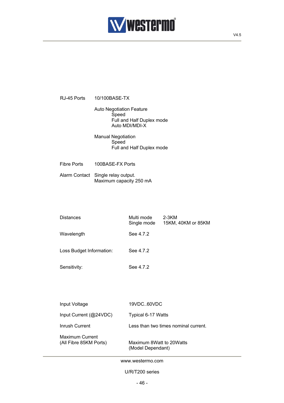 13 switch technical specification, 1 interface specifications, 2 fibre specifications | 3 power specification | Westermo U200 Operator manal User Manual | Page 46 / 48