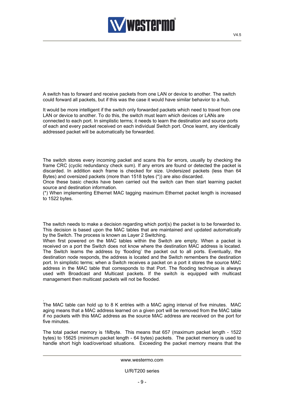 4 switch operation, 1 introduction, 2 error detection | 3 flooding | Westermo U200 Operator manal User Manual | Page 9 / 48