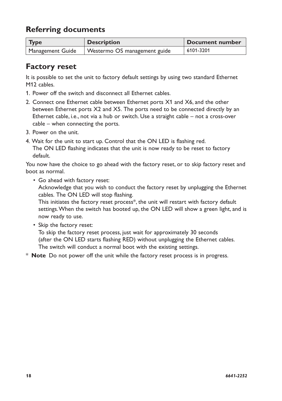 Factory reset, Referring documents | Westermo Viper-x12-p8 User Manual | Page 18 / 20