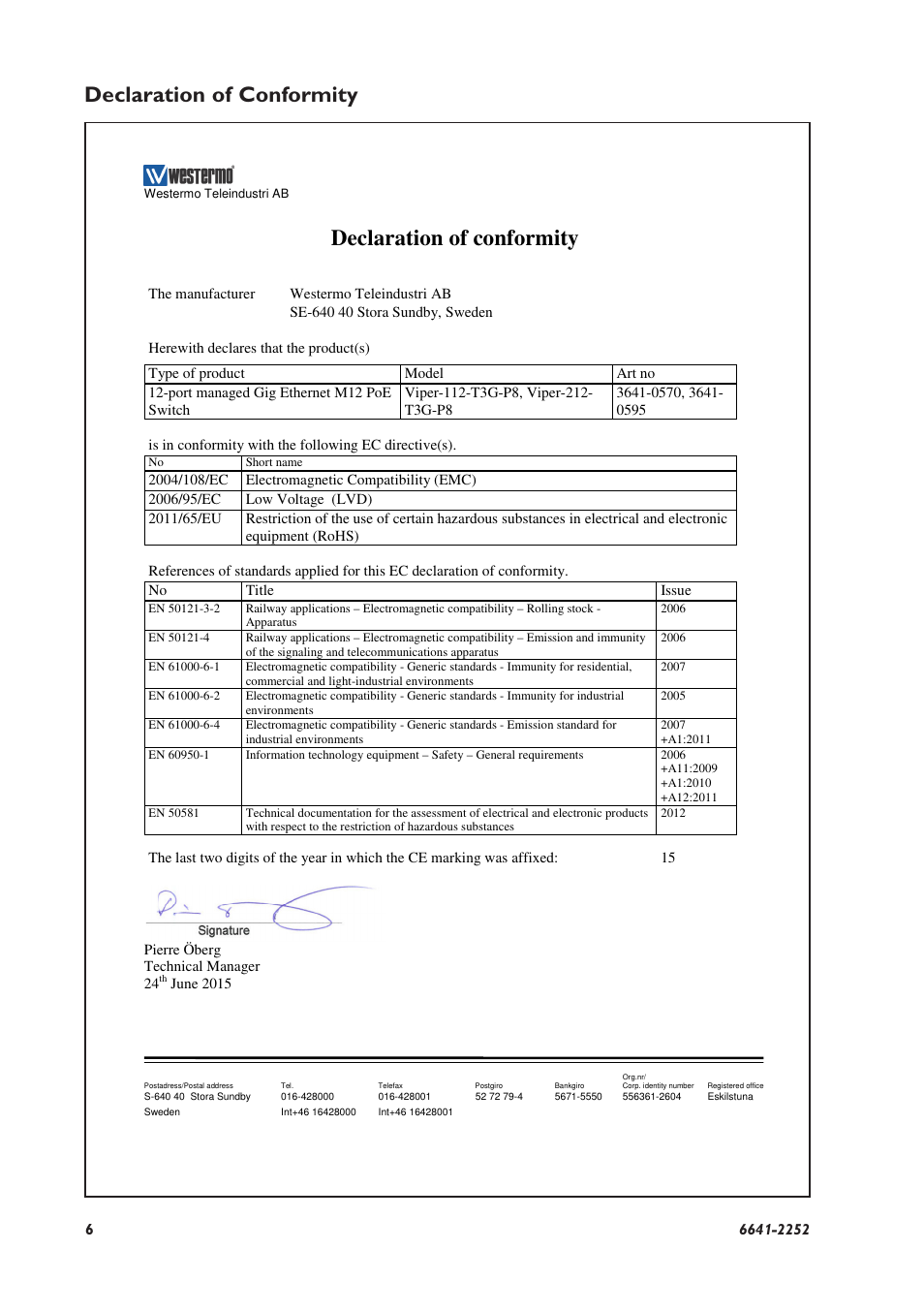 Declaration of conformity | Westermo Viper-x12-p8 User Manual | Page 6 / 20