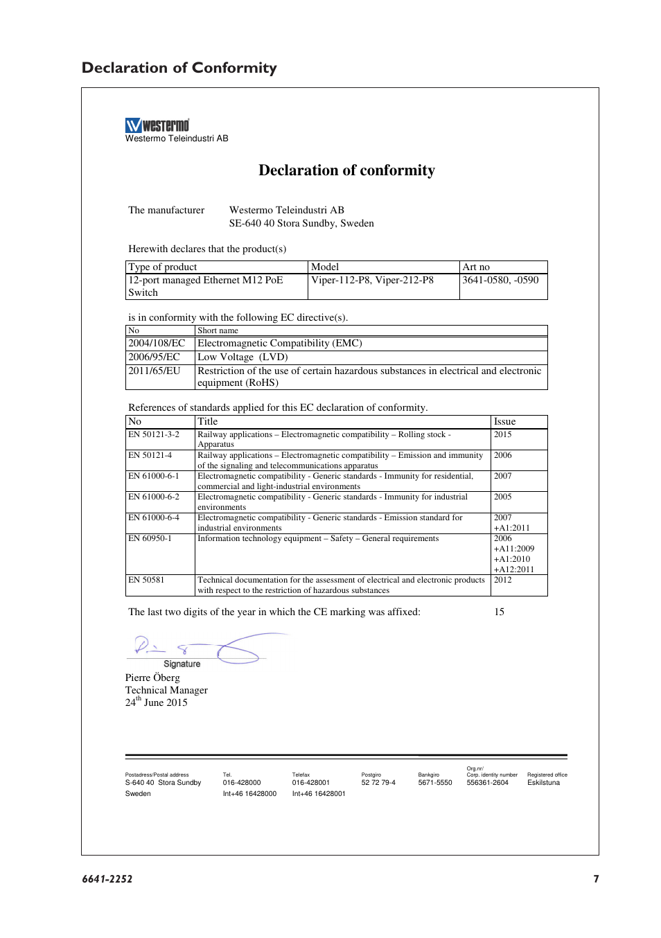 Declaration of conformity | Westermo Viper-x12-p8 User Manual | Page 7 / 20