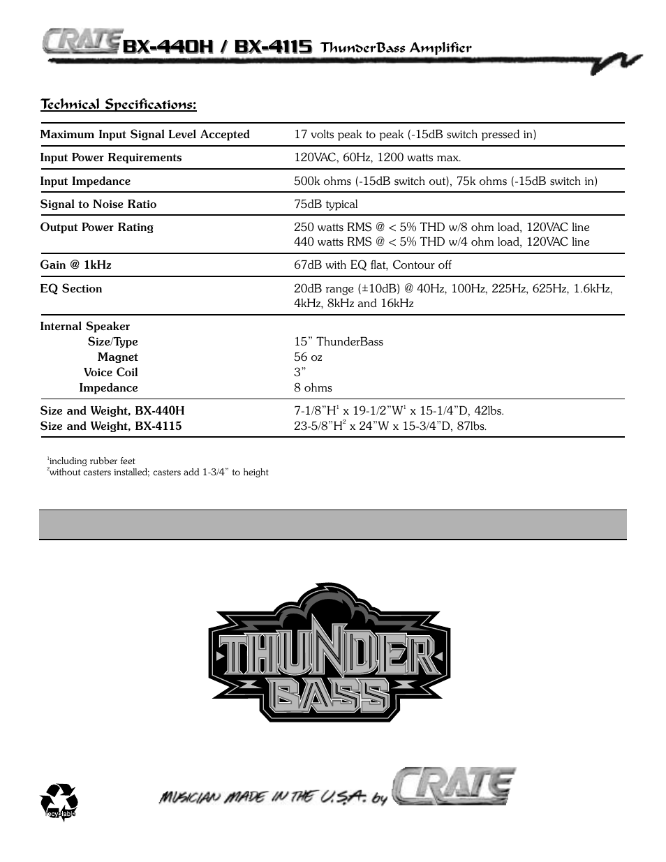Technical specifications, Thunderbass amplifier | Crate Amplifiers BX-4115 User Manual | Page 12 / 12