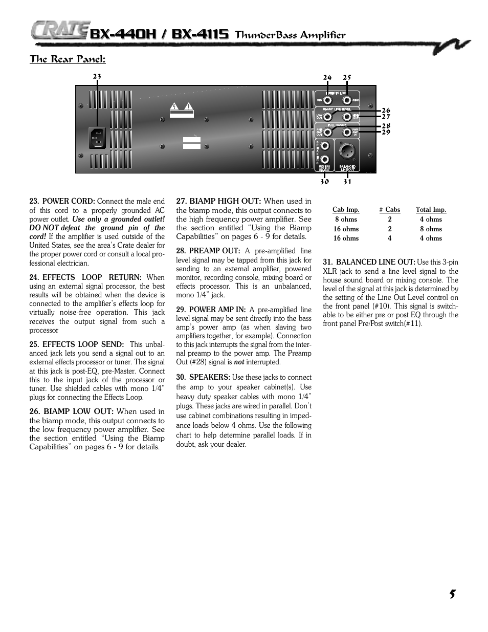 The rear panel, Thunderbass amplifier | Crate Amplifiers BX-4115 User Manual | Page 5 / 12