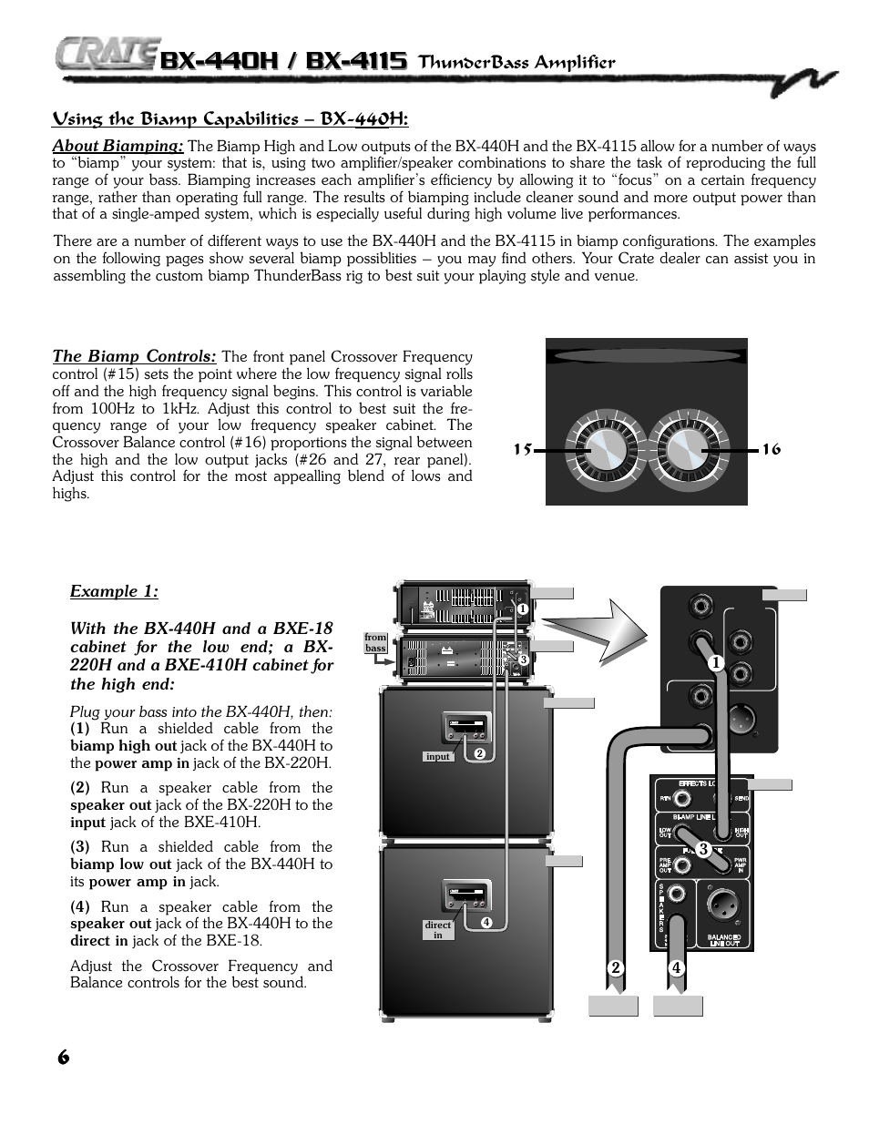 Using the biamp capabilities – bx, Thunderbass amplifier, About biamping | The biamp controls | Crate Amplifiers BX-4115 User Manual | Page 6 / 12