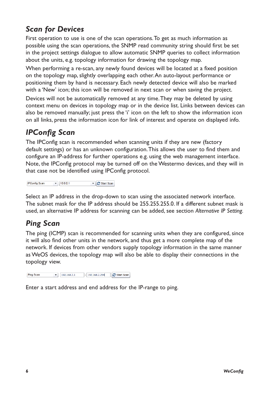 Scan for devices, Ipconfig scan, Ping scan | Westermo WeConfig User Manual | Page 6 / 16