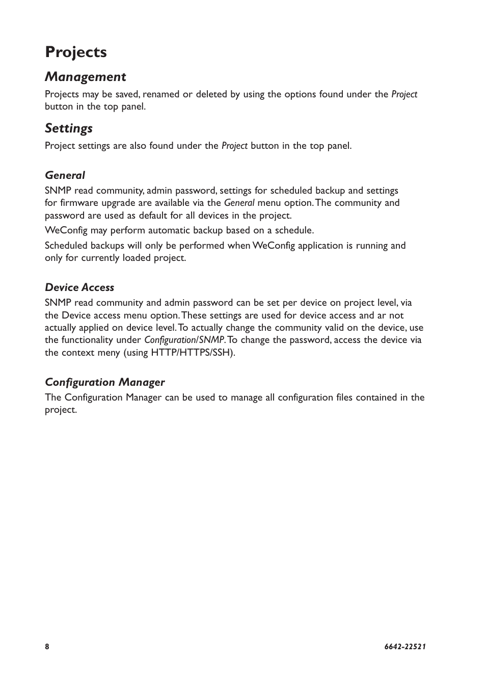Projects, Management, Settings | Westermo WeConfig User Manual | Page 8 / 16