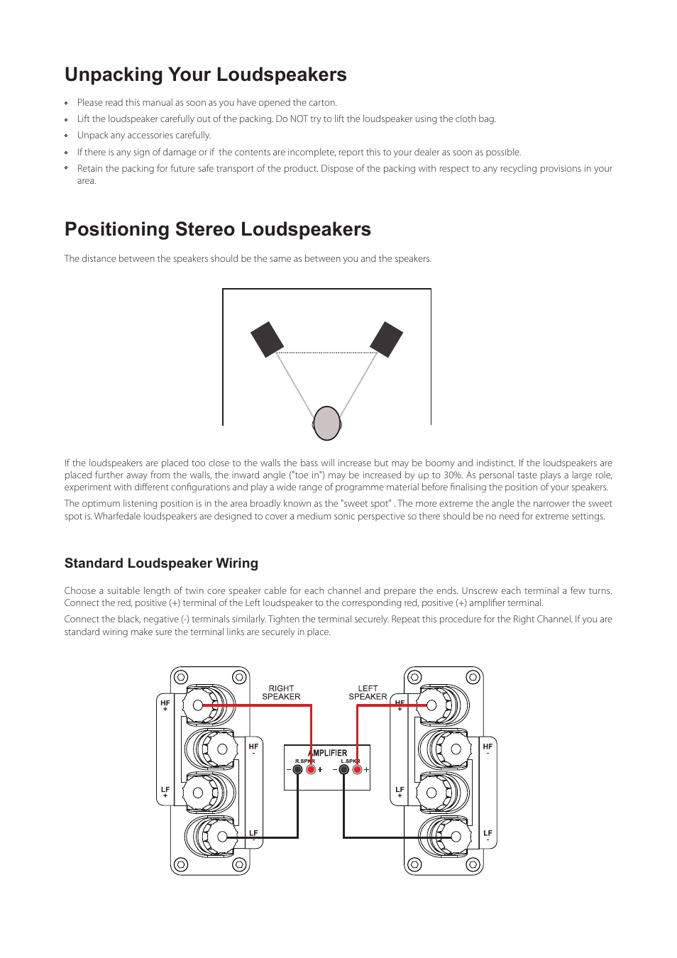 Unpacking your loudspeakers, Positioning stereo loudspeakers | Wharfedale Denton User Manual | Page 3 / 4