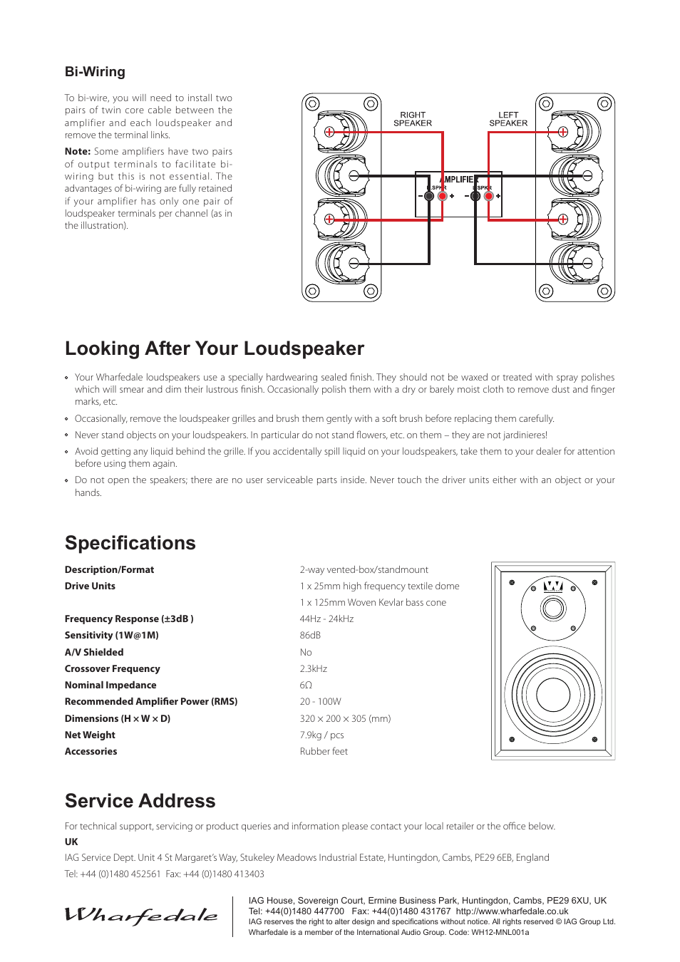 Looking after your loudspeaker, Specifications, Service address | Bi-wiring | Wharfedale Denton User Manual | Page 4 / 4