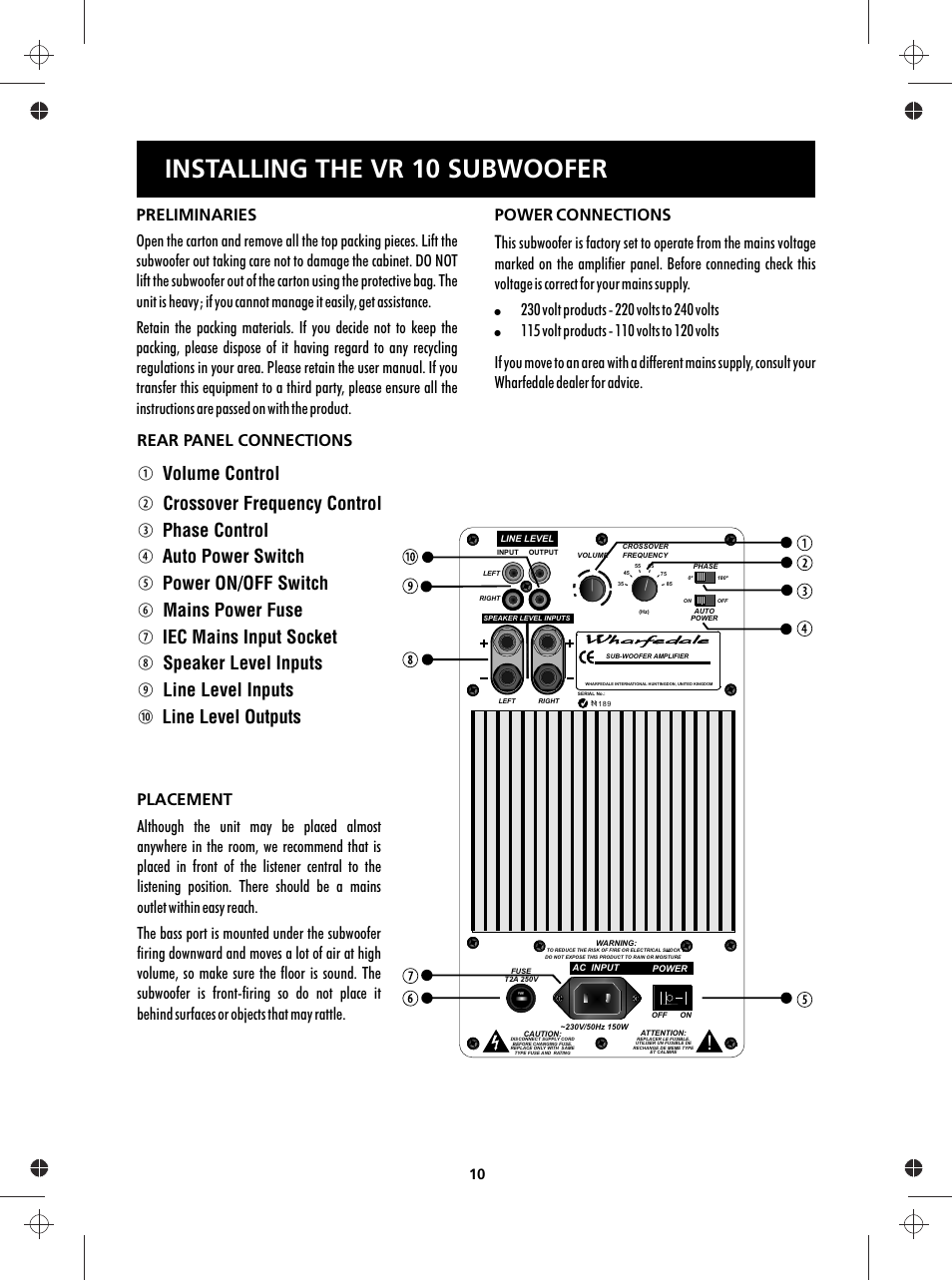 Installing the vr 10 subwoofer | Wharfedale Vardus Range User Manual | Page 10 / 16