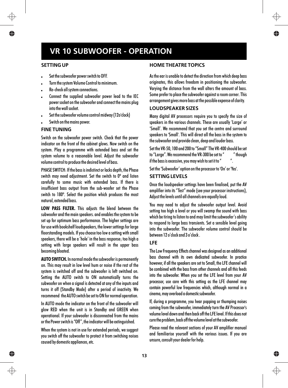 Vr 10 subwoofer - operation | Wharfedale Vardus Range User Manual | Page 13 / 16