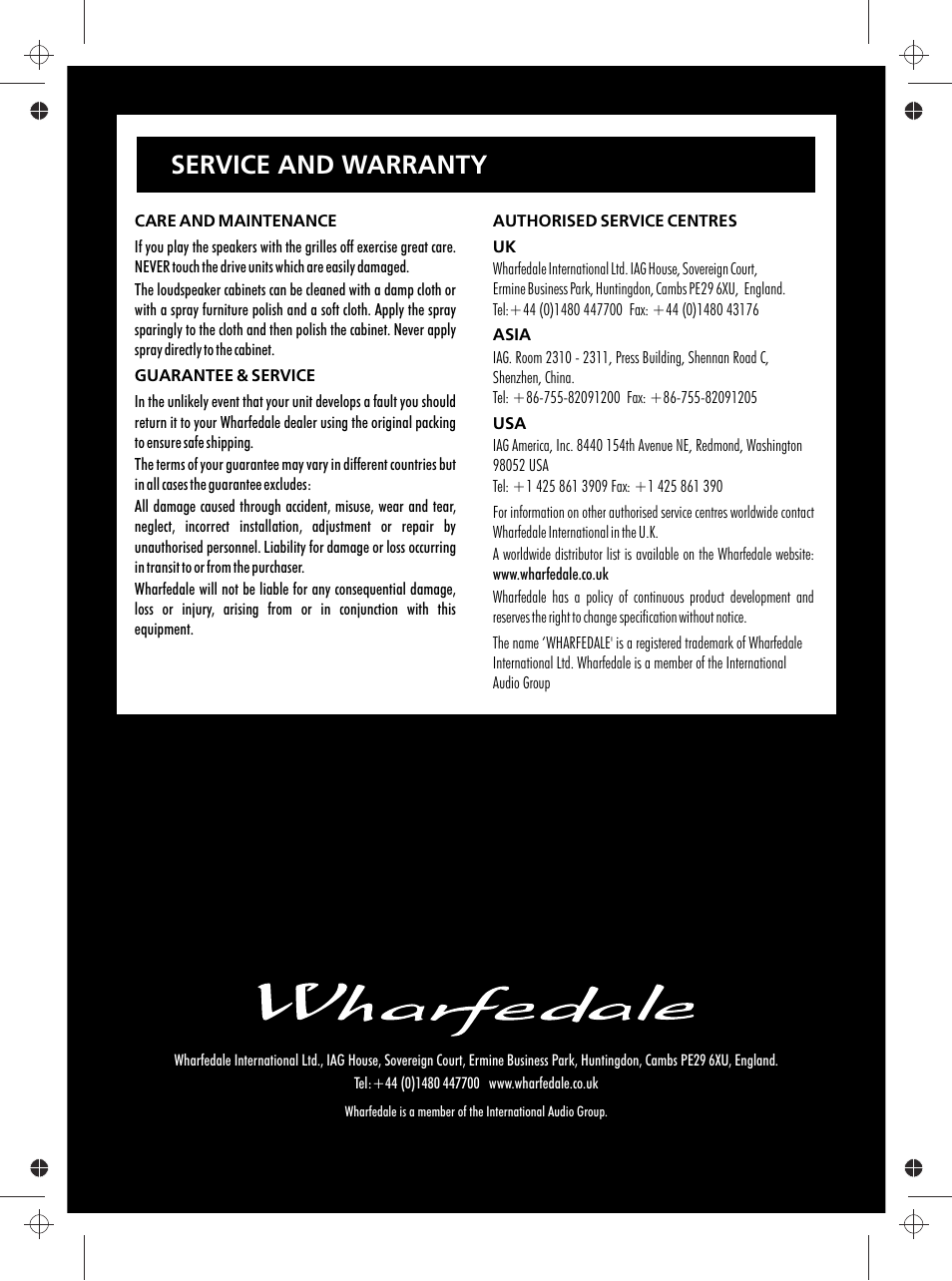 Service and warranty | Wharfedale Vardus Range User Manual | Page 16 / 16