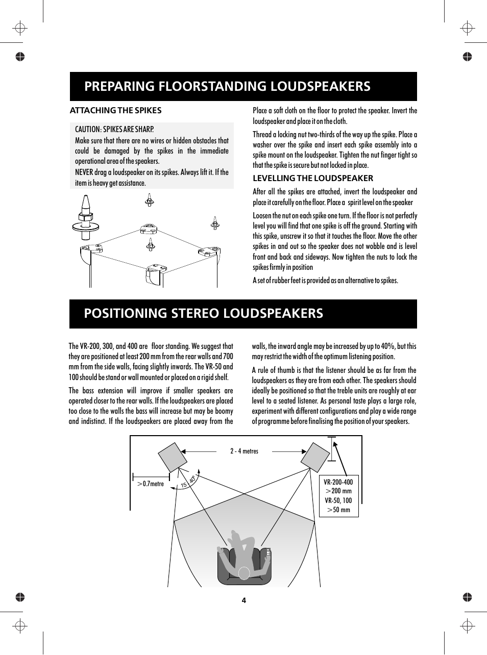 Preparing floorstanding loudspeakers, Positioning stereo loudspeakers | Wharfedale Vardus Range User Manual | Page 4 / 16