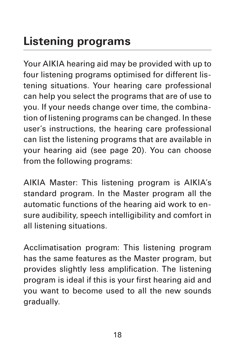 Listening programs | Widex AK-X User Manual | Page 18 / 44