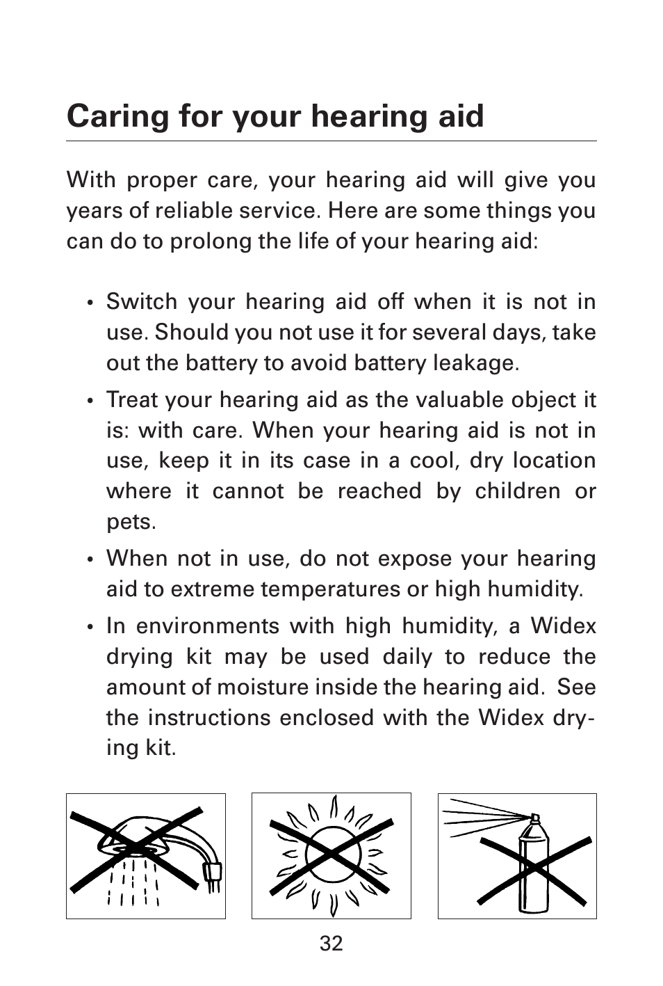 Caring for your hearing aid | Widex AK-X User Manual | Page 32 / 44