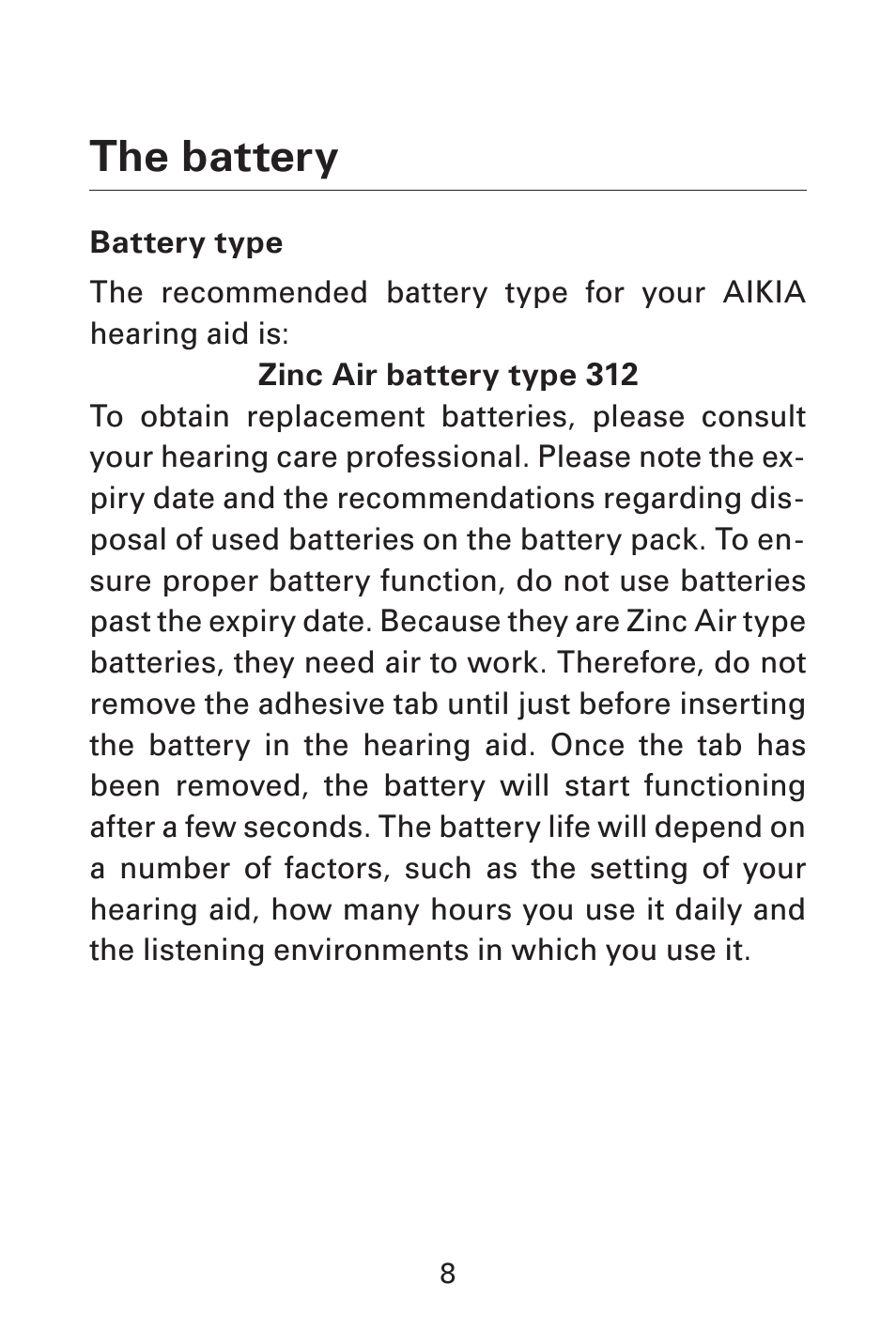 The battery | Widex AK-X User Manual | Page 8 / 44