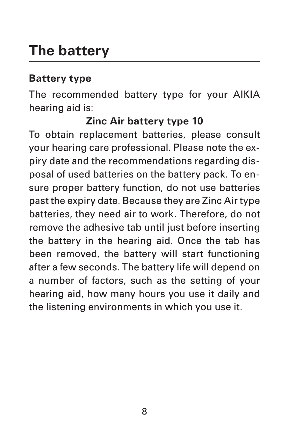 The battery | Widex AK-CIC User Manual | Page 8 / 48