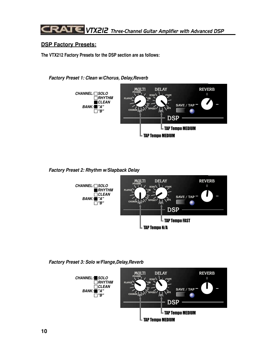 Vtx212, Three-channel guitar amplifier with advanced dsp, 10 dsp factory presets | Factory preset 1: clean w/chorus, delay,reverb, Tap tempo medium | Crate Amplifiers VTX212 User Manual | Page 10 / 16