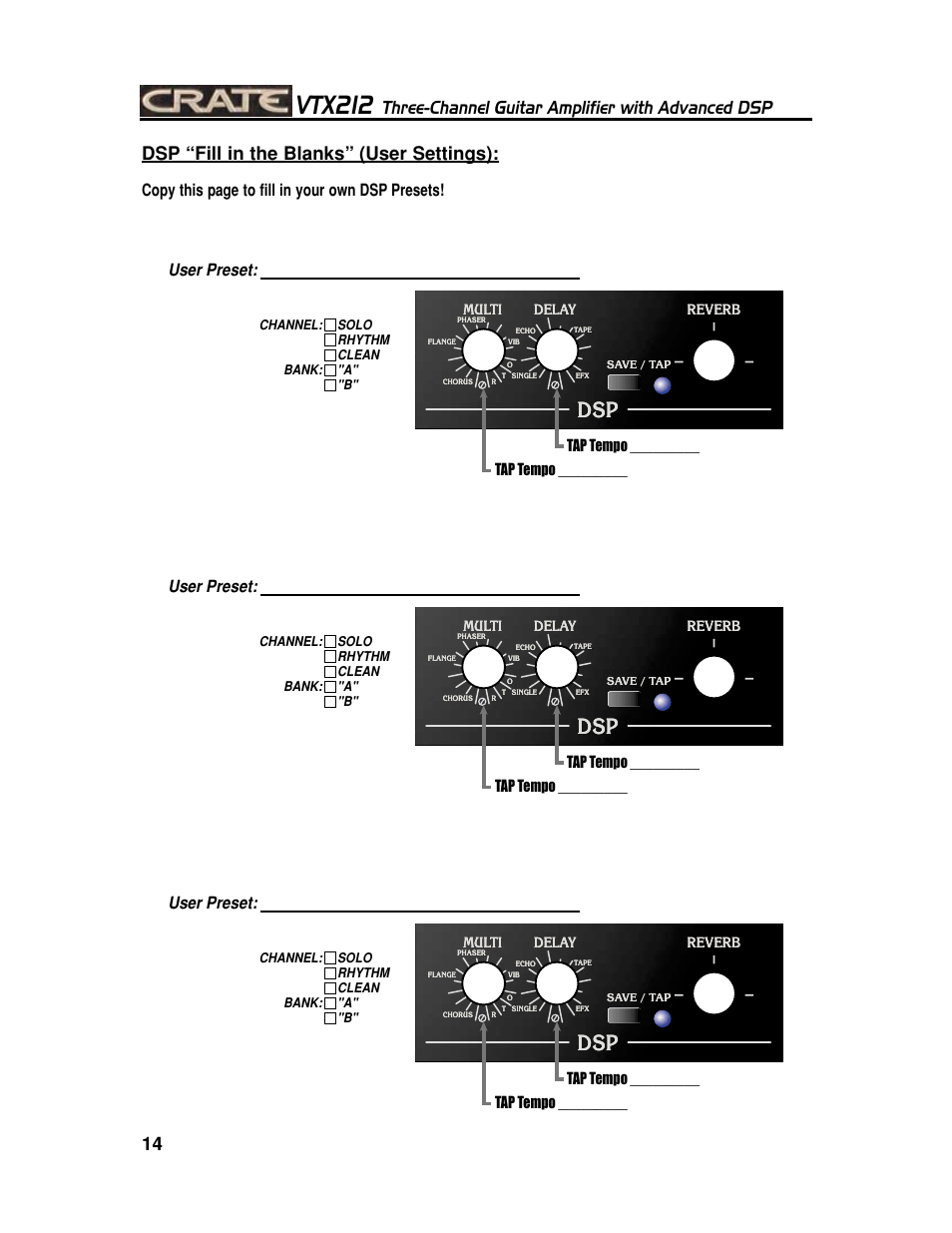 Vtx212, Three-channel guitar amplifier with advanced dsp, 14 dsp “fill in the blanks” (user settings) | User preset, Copy this page to fill in your own dsp presets, Tap tempo | Crate Amplifiers VTX212 User Manual | Page 14 / 16