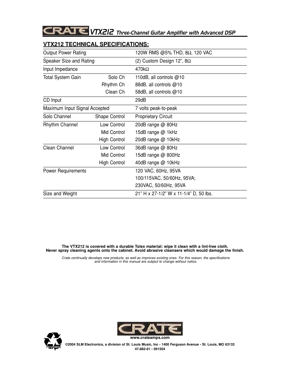 Vtx212 | Crate Amplifiers VTX212 User Manual | Page 16 / 16