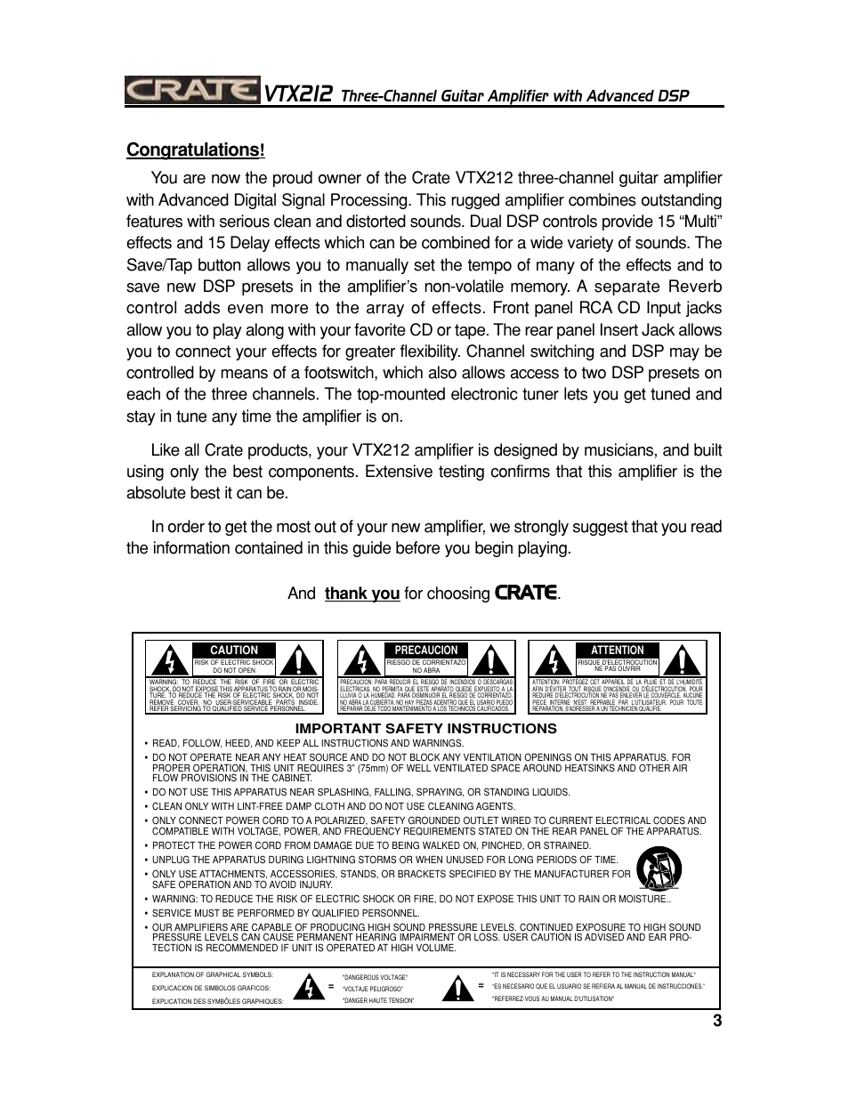 Vtx212, Ccr ra at te e, Three-channel guitar amplifier with advanced dsp | Crate Amplifiers VTX212 User Manual | Page 3 / 16