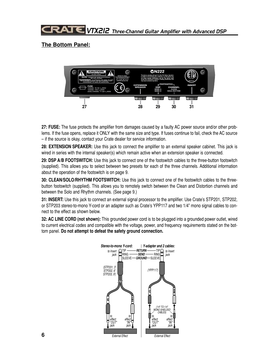 Vtx212, Three-channel guitar amplifier with advanced dsp, The bottom panel | Stereo-to-mono y-cord, Y-adapter and 2 cables | Crate Amplifiers VTX212 User Manual | Page 6 / 16