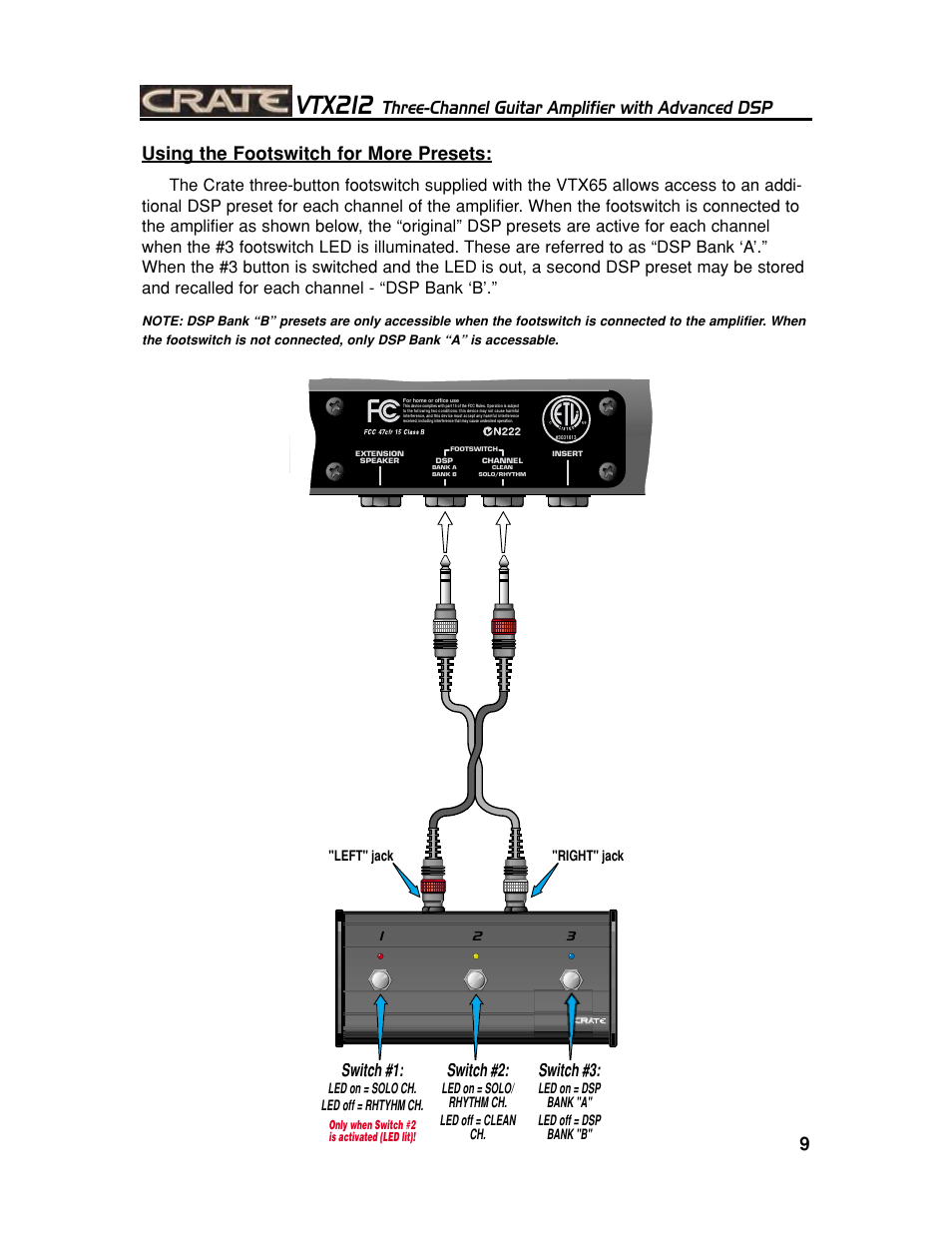 Vtx212, Three-channel guitar amplifier with advanced dsp, 9using the footswitch for more presets | Switch #1, Switch #2, Switch #3 | Crate Amplifiers VTX212 User Manual | Page 9 / 16