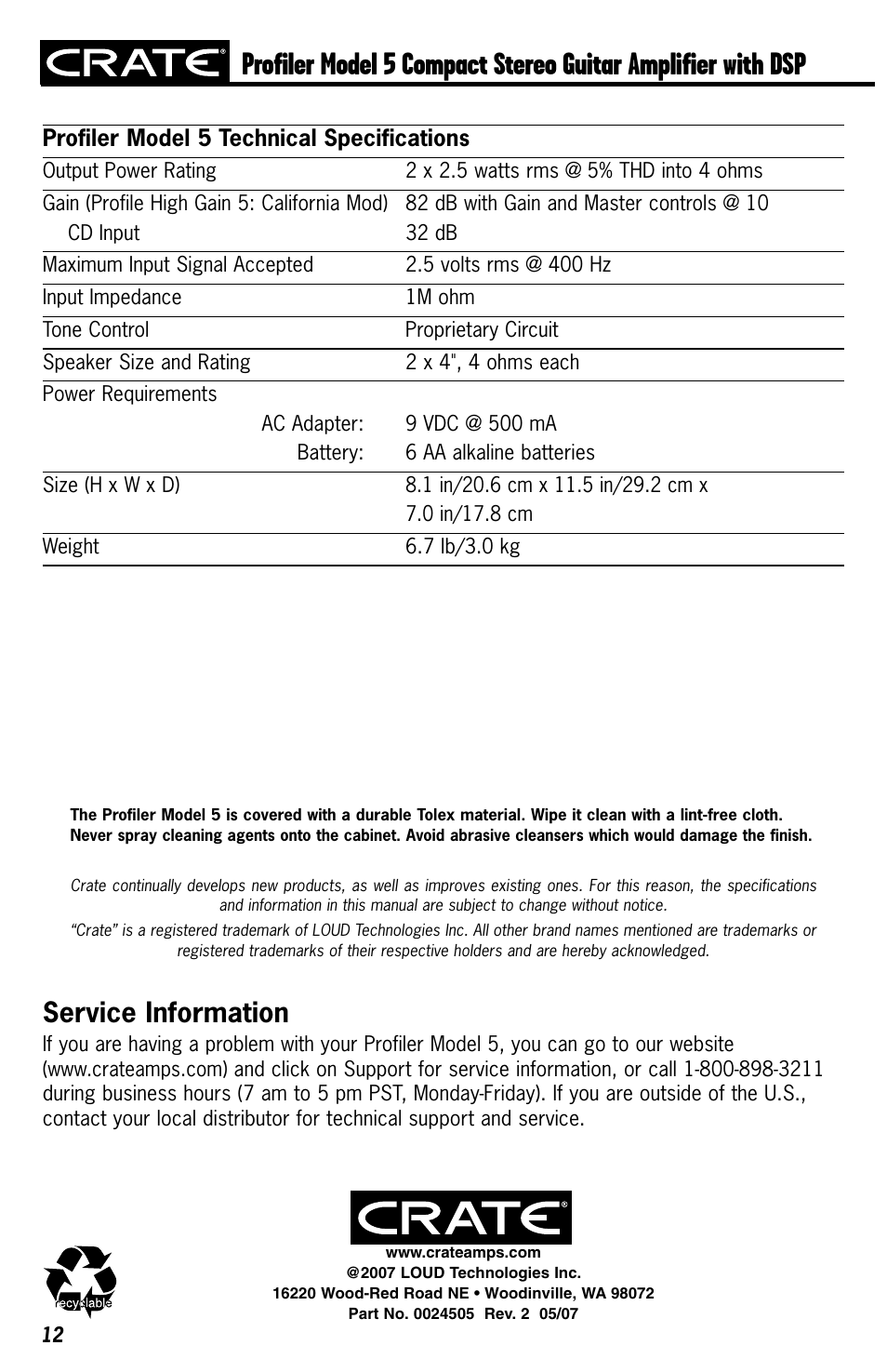 Profiler model 5 technical specifications, Service information | Crate Amplifiers 5 User Manual | Page 12 / 12