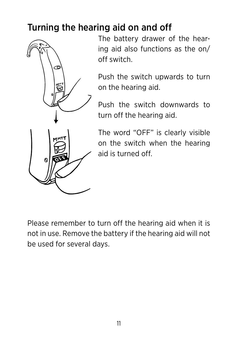 Turning the hearing aid on and off | Widex BV-38 User Manual | Page 11 / 36