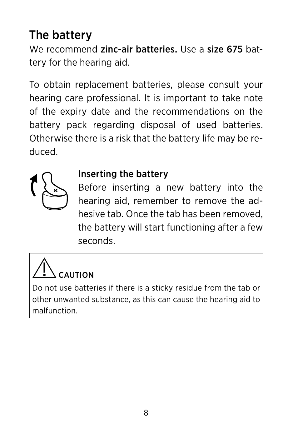 The battery | Widex BV-38 User Manual | Page 8 / 36