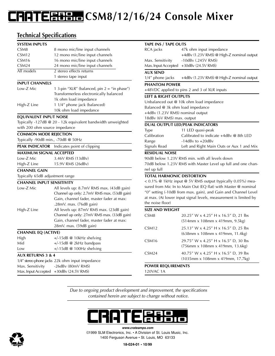 Technical specifications | Crate Amplifiers CSM12 User Manual | Page 16 / 16