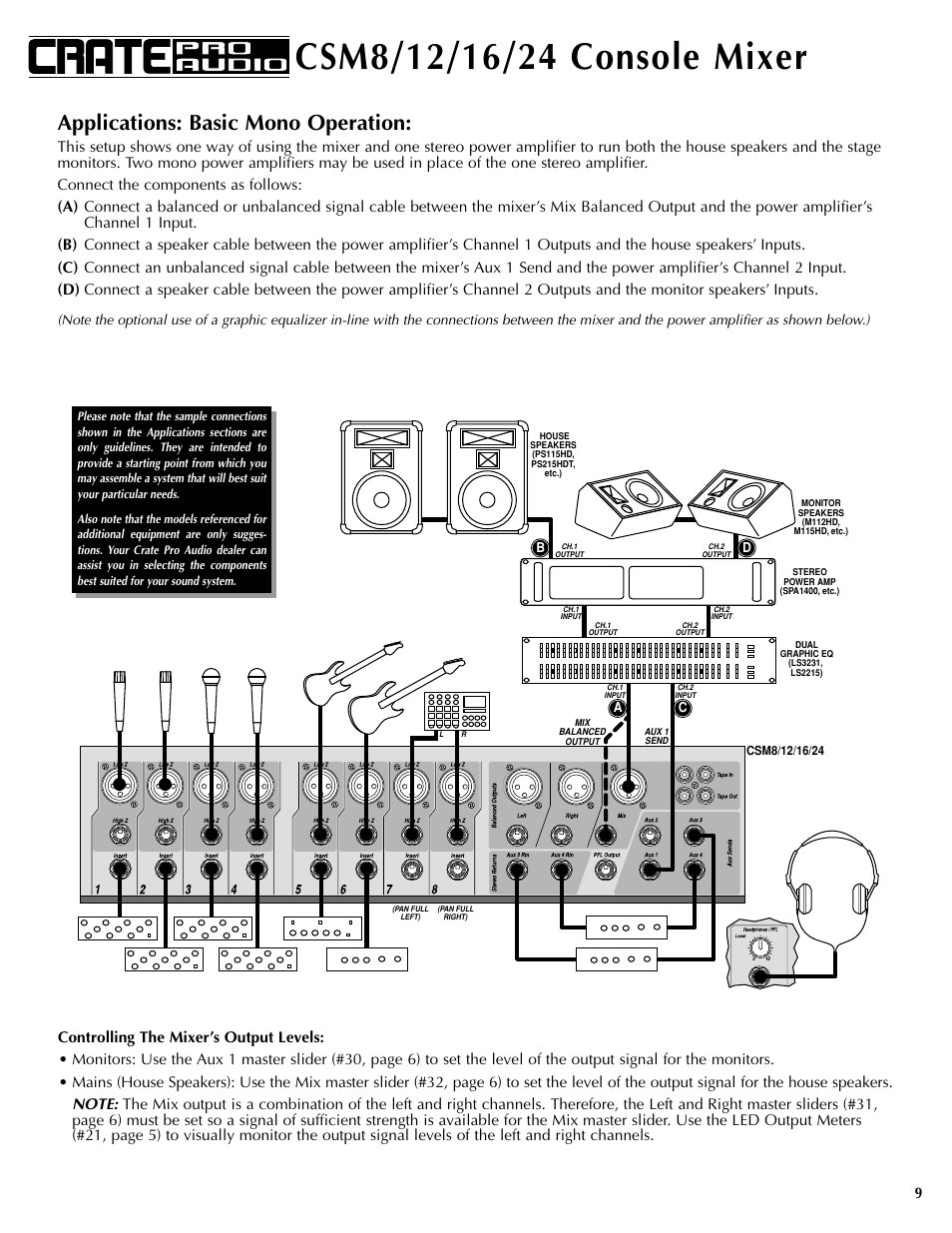Applications: basic mono operation | Crate Amplifiers CSM12 User Manual | Page 9 / 16