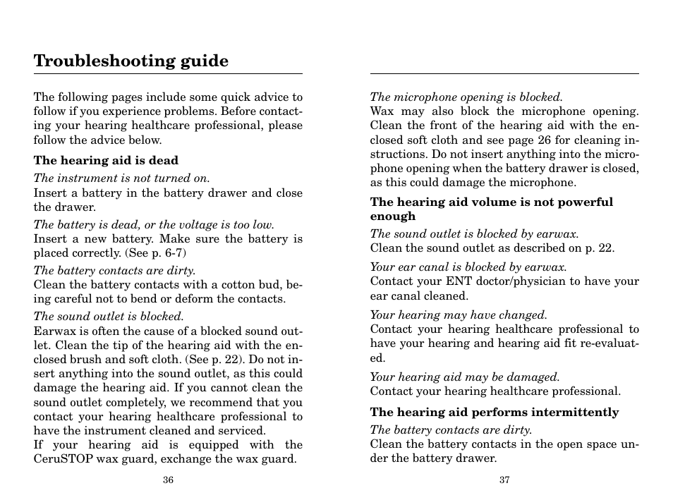 Troubleshooting guide | Widex B2-CIC User Manual | Page 19 / 21