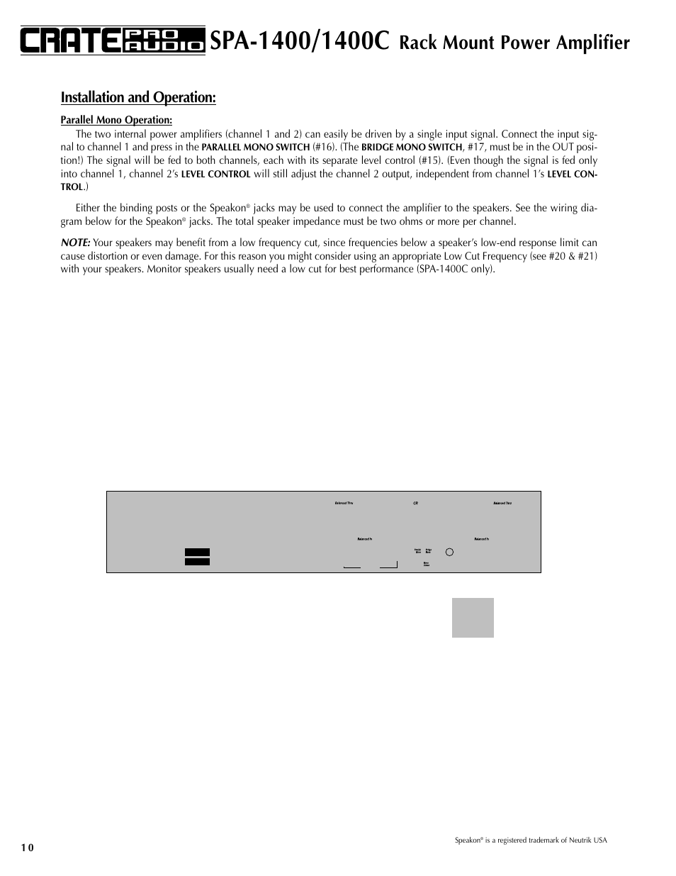 Rack mount power amplifier, Installation and operation | Crate Amplifiers SPA-1400 User Manual | Page 10 / 24