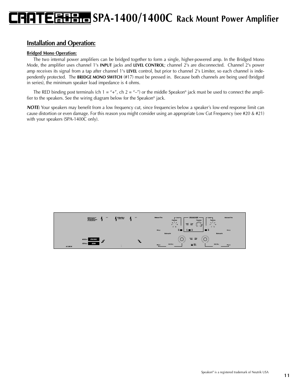 Rack mount power amplifier, Installation and operation | Crate Amplifiers SPA-1400 User Manual | Page 11 / 24