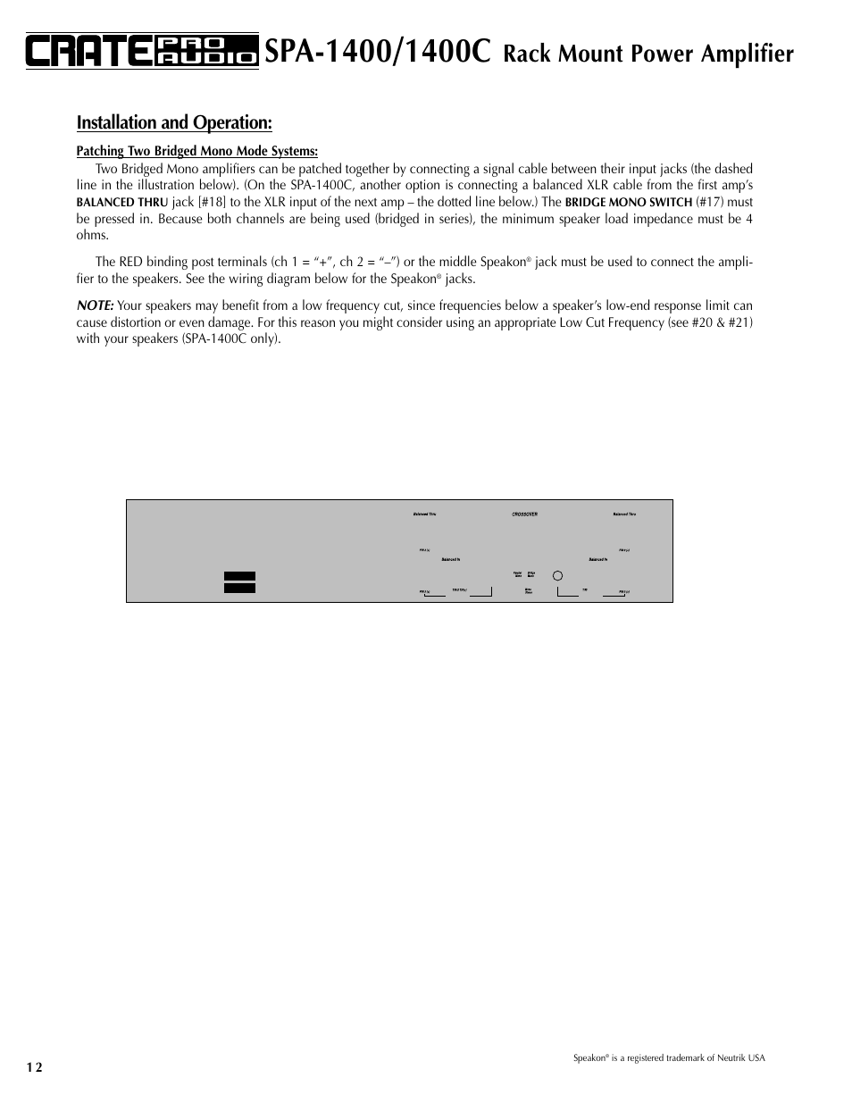 Rack mount power amplifier, Installation and operation | Crate Amplifiers SPA-1400 User Manual | Page 12 / 24