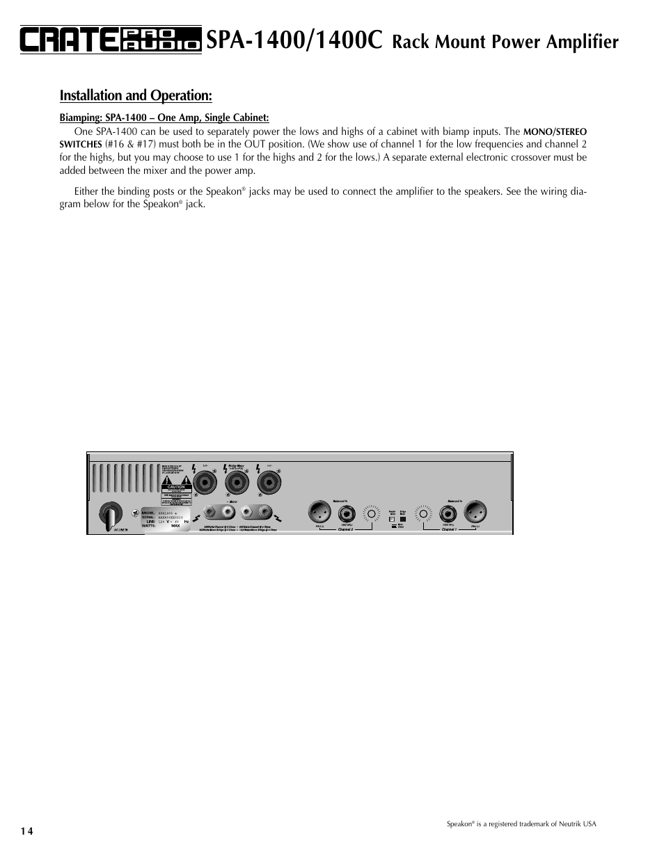 Rack mount power amplifier, Installation and operation | Crate Amplifiers SPA-1400 User Manual | Page 14 / 24