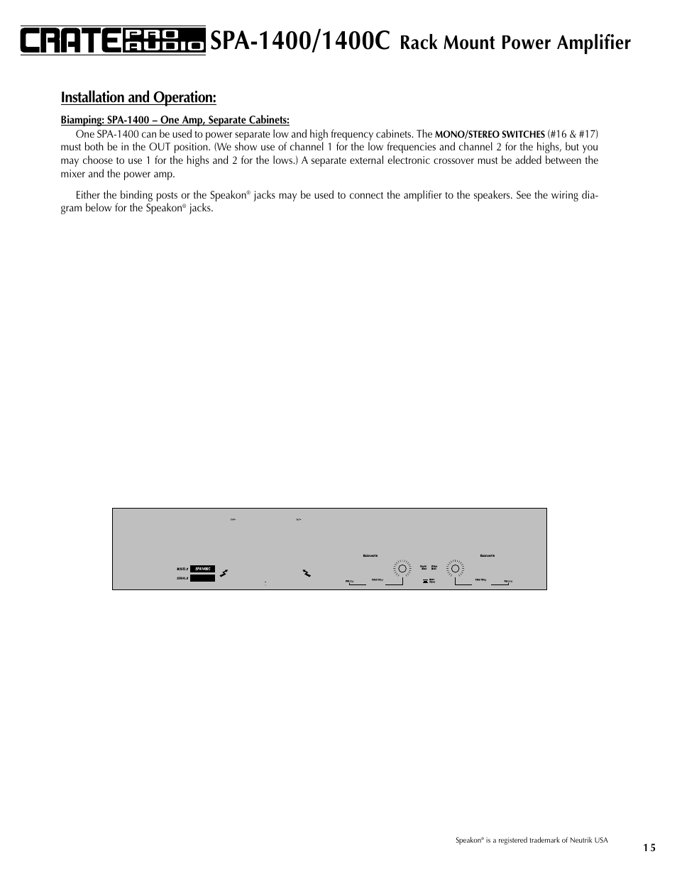 Rack mount power amplifier, Installation and operation | Crate Amplifiers SPA-1400 User Manual | Page 15 / 24